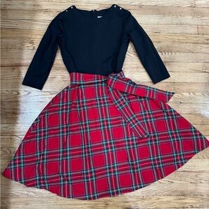 Elegant Red Plaid A-Line Skirt dress and belt with black top